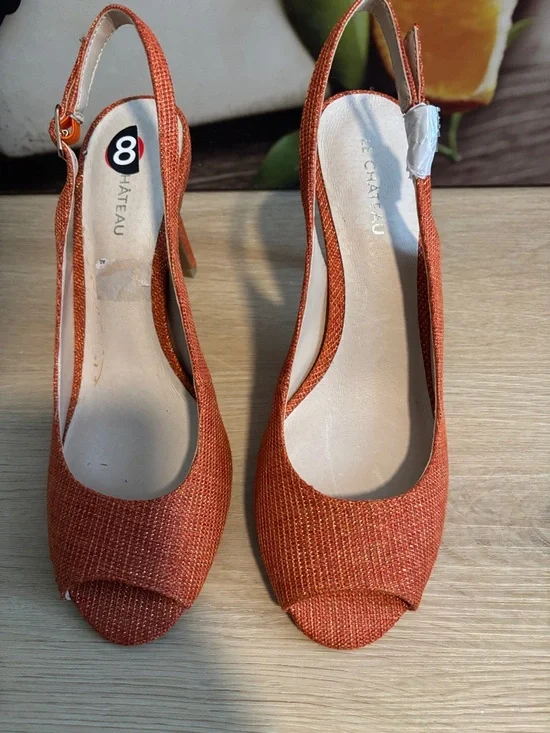 Le Château Orange Glitter Slingback Heels Peep Toe Elegant Size 8 - Picture 9 of 11